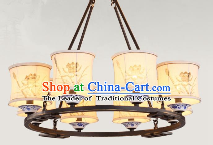 China Handmade Eight-Lights Ceiling Lanterns Traditional Chinese Painting Lotus Palace Lantern Ancient Lanterns