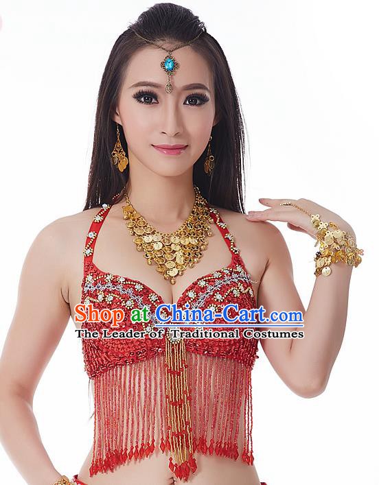 Indian National Belly Dance Tassel Red Brassiere Bollywood Oriental Dance Costume for Women