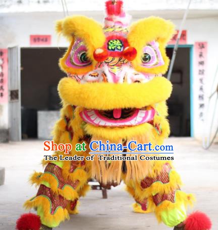Top Grade Chinese Traditional Yellow Lion Head Professional Wool Lion Dance Costumes Complete Set