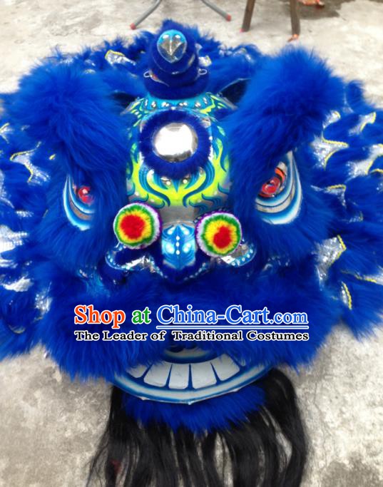Chinese Traditional Professional Blue Wool Lion Dance Costumes Celebration and Parade Lion Head Complete Set