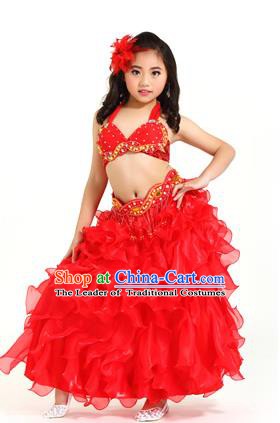 Traditional Indian Belly Dance Red Dress Asian India Oriental Dance Costume for Kids