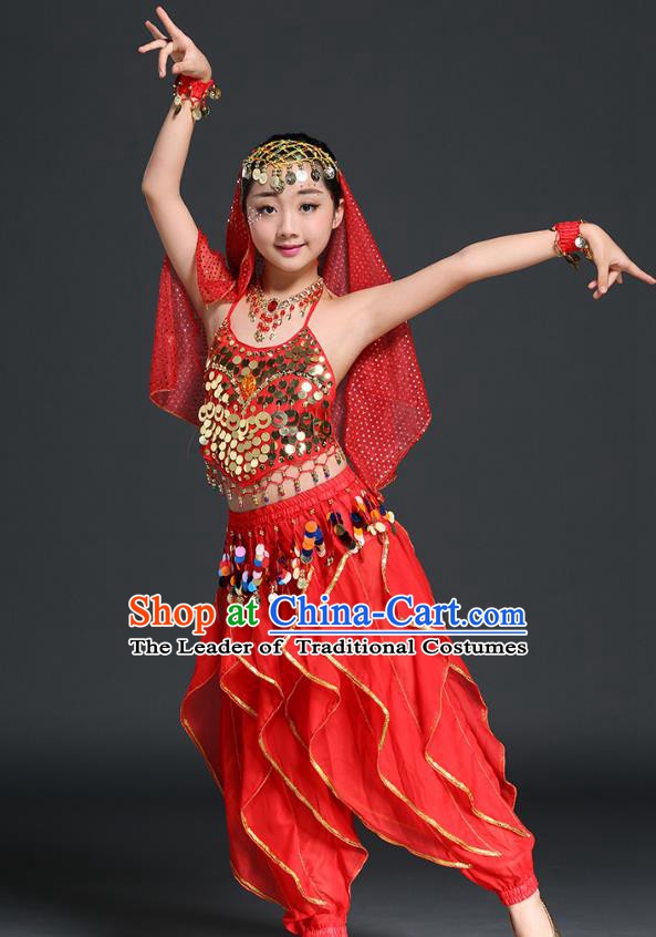 Traditional Indian Children Performance Red Uniforms Oriental Belly Dance Costume for Kids