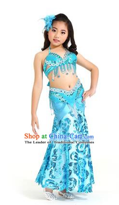 Indian Traditional Belly Dance Blue Dress Oriental Dance Performance Costume for Kids