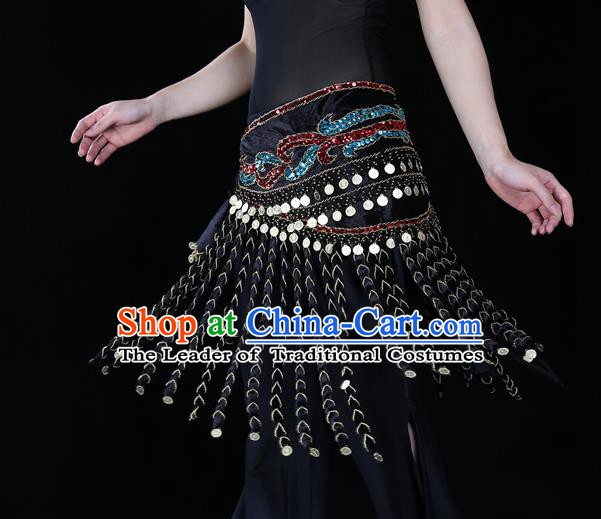 Indian Belly Dance Waist Accessories Stage Performance Black Tassel Waistband Belts for Women