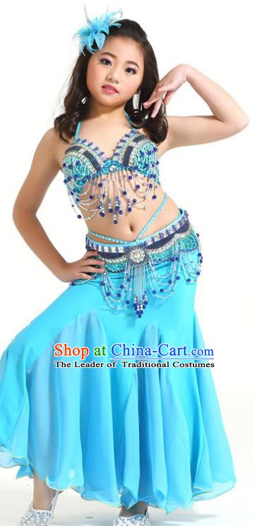 Indian Traditional Children Belly Dance Costume Classical Oriental Dance Blue Dress for Kids