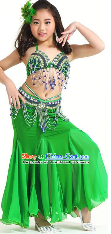 Indian Traditional Children Belly Dance Costume Classical Oriental Dance Green Dress for Kids