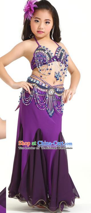 Indian Traditional Children Belly Dance Costume Classical Oriental Dance Purple Dress for Kids