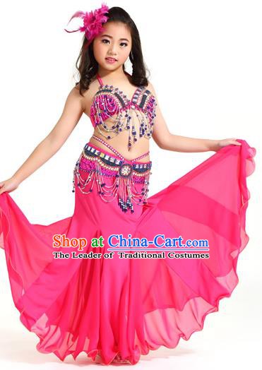 Indian Traditional Children Belly Dance Costume Classical Oriental Dance Rosy Dress for Kids