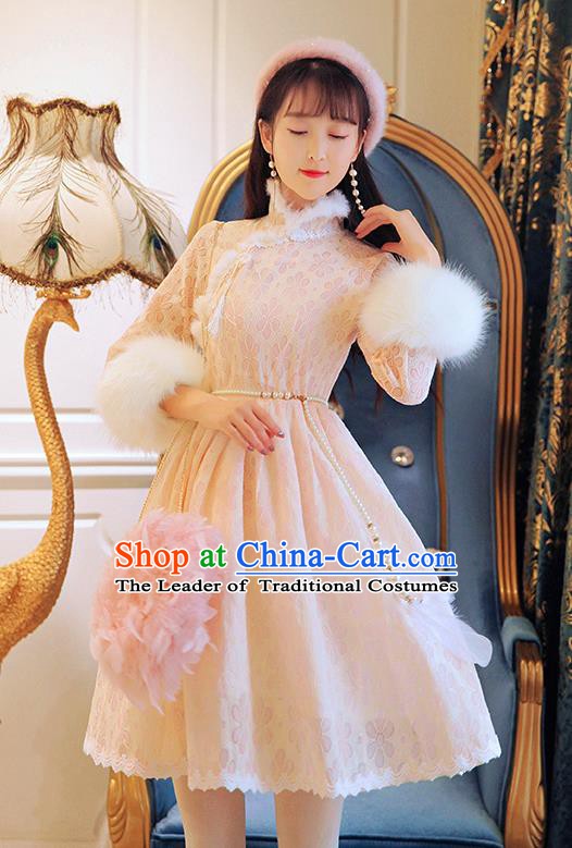 Traditional Chinese National Embroidered Qipao Dress Costume Tangsuit Pink Lace Cheongsam Clothing for Women