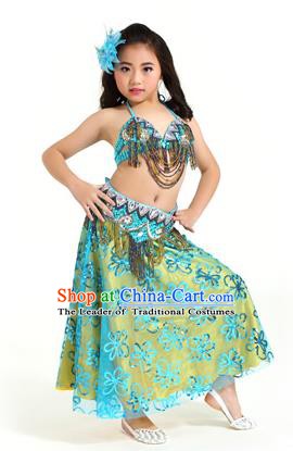 Asian Indian Children Belly Dance Blue Dress Stage Performance Oriental Dance Clothing for Kids