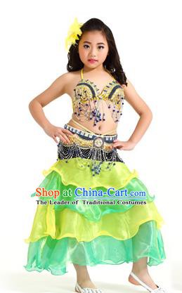 Asian Indian Children Belly Dance Yellow and Green Dress Stage Performance Oriental Dance Clothing for Kids