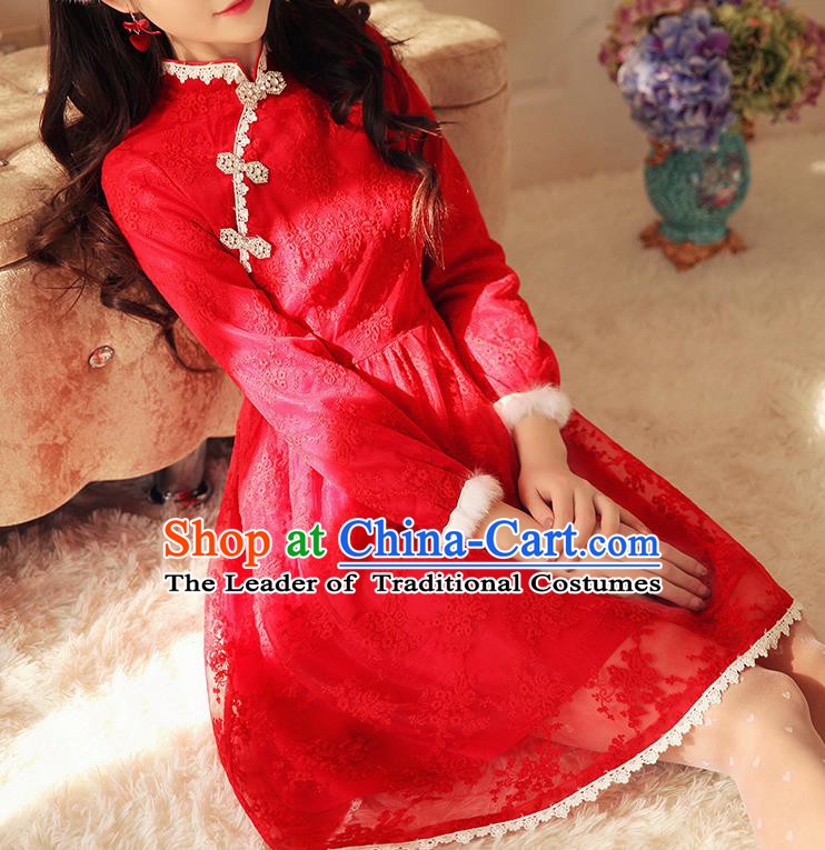 Traditional Chinese National Red Lace Dress Tangsuit Embroidered Cheongsam Clothing for Women