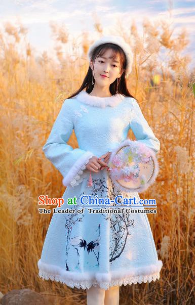 Traditional Chinese National Blue Dress Tangsuit Cheongsam Clothing for Women