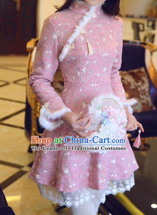 Traditional Chinese National Embroidered Pink Qipao Dress Tangsuit Cheongsam Clothing for Women