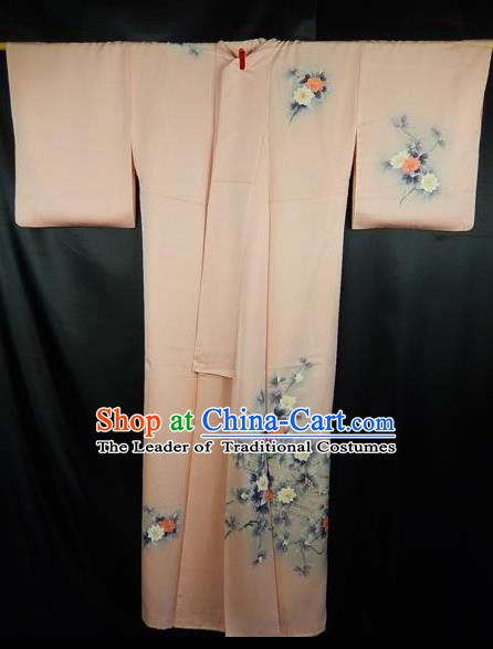 Japan Traditional Kimonos Costume Printing Flowers Pink Yukata Dress Japanese Furisode Kimono for Women