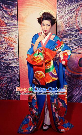 Traditional Asian Japan Costume Japanese Apparel Blue Furisode Kimono for Women