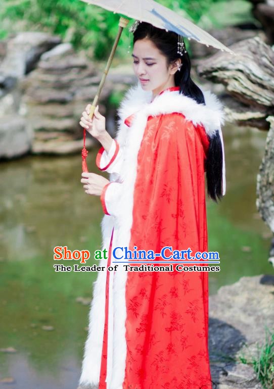 Chinese Ancient Ming Dynasty Princess Costume Red Long Cloak for Women