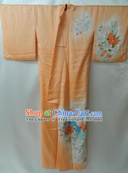 Traditional Japan Palace Furisode Kimono Costume Orange Dress Japanese Yukata for Women