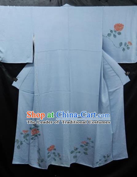 Asian Japan Blue Furisode Kimono Palace Costume Traditional Japanese Yukata Dress for Women