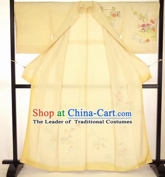 Asian Japan Yellow Furisode Kimono Formal Costume Traditional Japanese Yukata Dress for Women