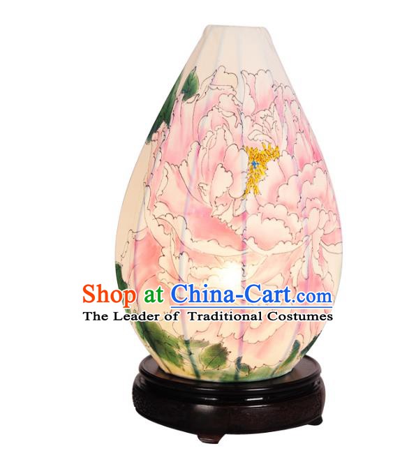Handmade Traditional Chinese Lantern Desk Lamp Painting Peony Lantern