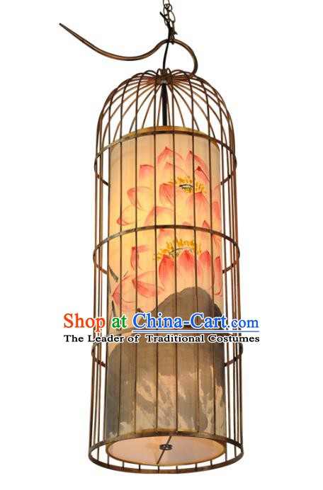 Handmade Traditional Chinese Lantern Floor Lamp Golden Birdcage Lantern