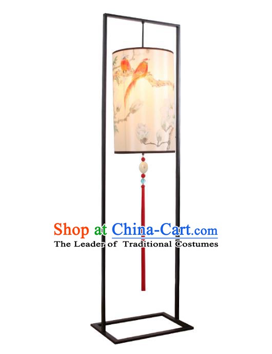 Handmade Traditional Chinese Lantern Printing Birds Floor Lamp Palace Lantern