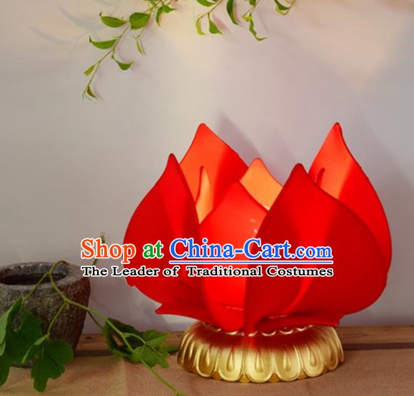 Handmade Traditional Chinese Lantern Red Lotus Desk Lamp Palace Lantern Buddha Lantern