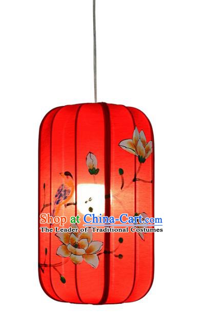Traditional Chinese Ancient Palace Lantern Red Ceiling Lamp Hand Painting Magnolia Lanern