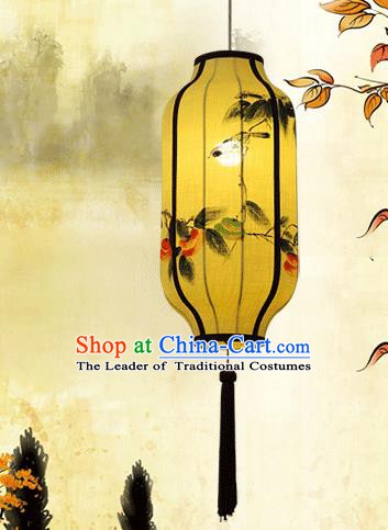 Traditional China Handmade Yellow Lantern Ancient Ink Painting Flowers Hanging Lanterns Palace Ceiling Lamp