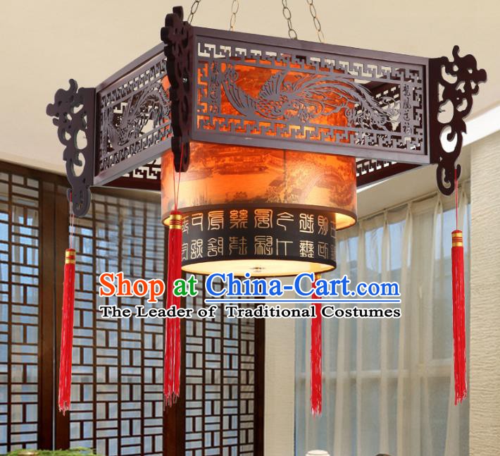China Ancient Handmade Wood Lantern Traditional Carving Phoenix Ceiling Lamp Palace Lanterns