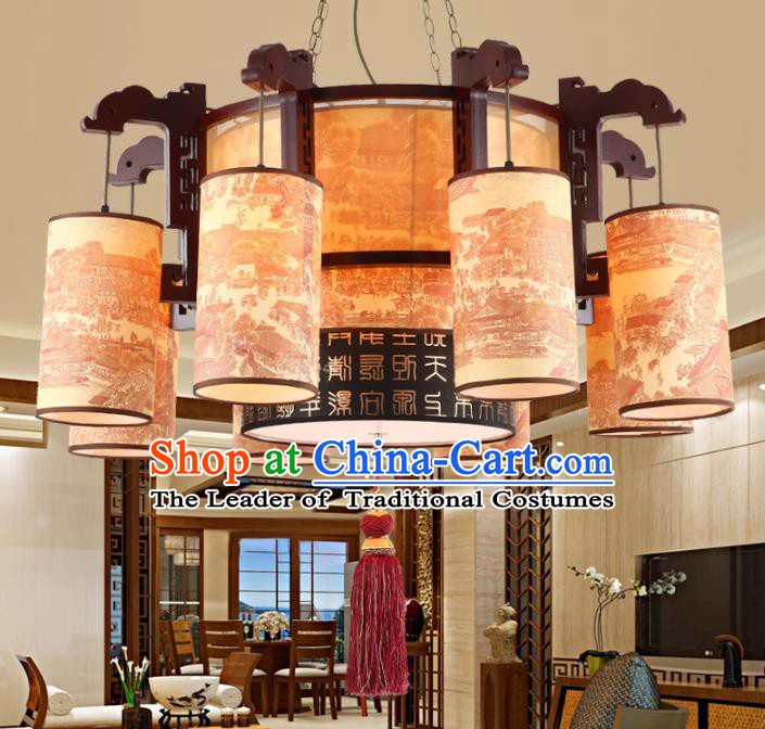 Chinese Handmade Wood Lantern Traditional Palace Eight-Lights Hanging Ceiling Lamp Ancient Lanterns