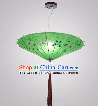Chinese Classical Handmade Printing Umbrella Palace Lanterns Traditional Green Hanging Lantern Ancient Ceiling Lamp