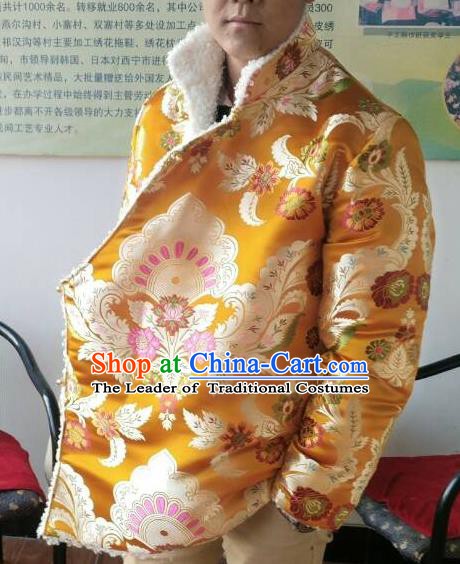 Traditional Chinese Zang Nationality Costume Brocade Cotton-padded Jacket, Tibetan Ethnic Minority Golden Coat for Men