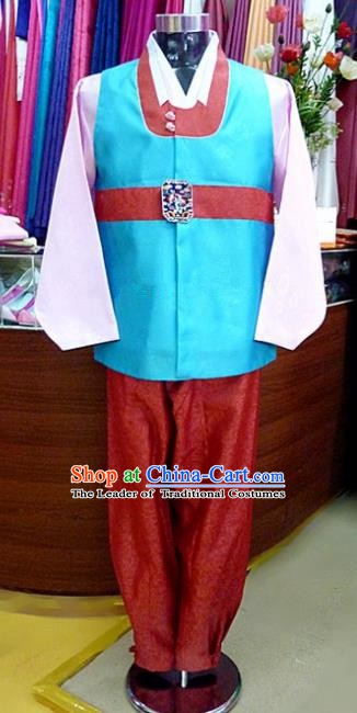 Asian Korean Traditional Hanbok Clothing Ancient Korean Blue Shirt and Red Pants Costume for Men