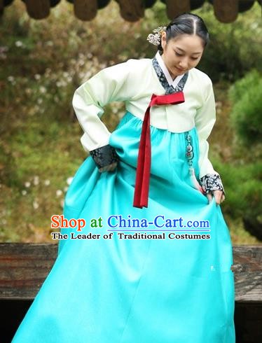 Top Grade Korean Traditional Palace Hanbok Beige Blouse and Blue Dress Fashion Apparel Bride Costumes for Women
