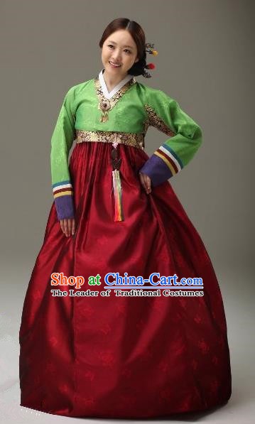 Top Grade Korean Traditional Palace Hanbok Green Blouse and Wine Red Dress Fashion Apparel Bride Costumes for Women