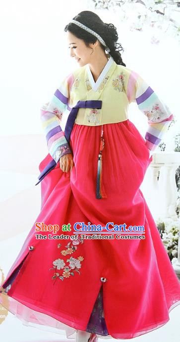 Top Grade Korean Bride Traditional Palace Hanbok Yellow Blouse and Red Dress Fashion Apparel Costumes for Women