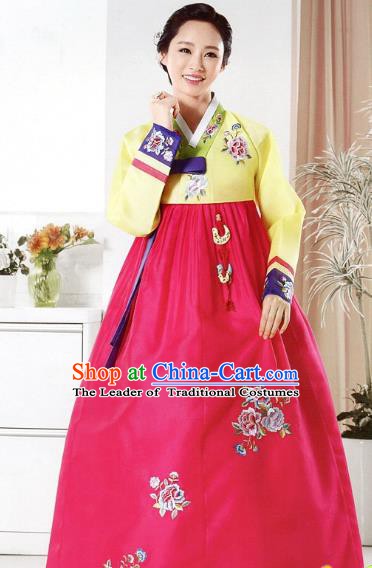 Top Grade Korean Bride Traditional Palace Hanbok Yellow Blouse and Rosy Dress Fashion Apparel Costumes for Women