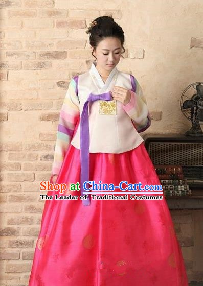 Top Grade Korean Palace Hanbok Bride Traditional Beige Blouse and Pink Dress Fashion Apparel Costumes for Women