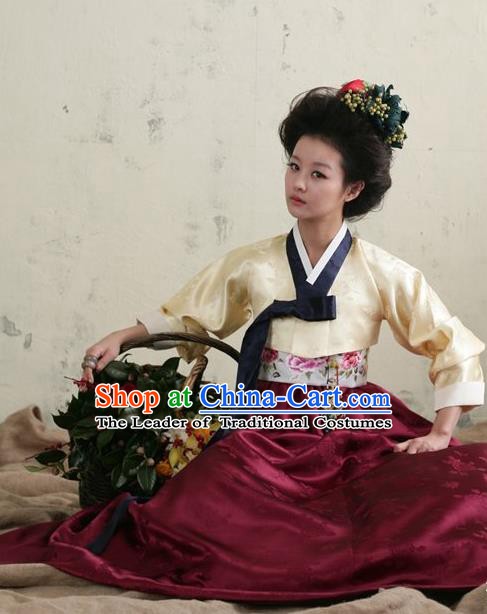 Top Grade Korean Hanbok Traditional Beige Blouse and Wine Red Dress Fashion Apparel Costumes for Women