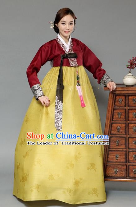 Top Grade Korean Hanbok Traditional Bride Wine Red Blouse and Yellow Dress Fashion Apparel Costumes for Women
