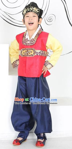 Asian Korean Hanbok Ancient Palace Boys Red Shirt and Navy Pants Traditional Costume for Kids