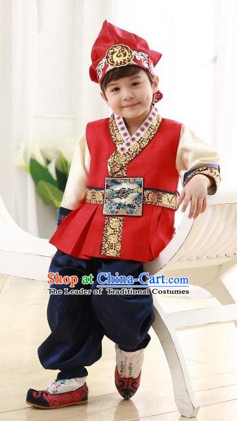 Asian Korean Hanbok Ancient Palace Boys Red Shirt and Blue Pants Traditional Costume for Kids