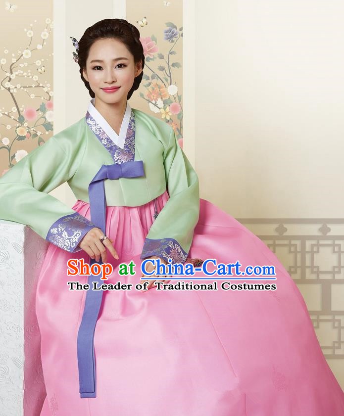 Top Grade Korean Hanbok Traditional Green Blouse and Pink Dress Fashion Apparel Costumes for Women