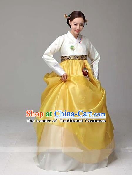 Top Grade Korean Palace Hanbok Traditional White Blouse and Yellow Dress Fashion Apparel Costumes for Women