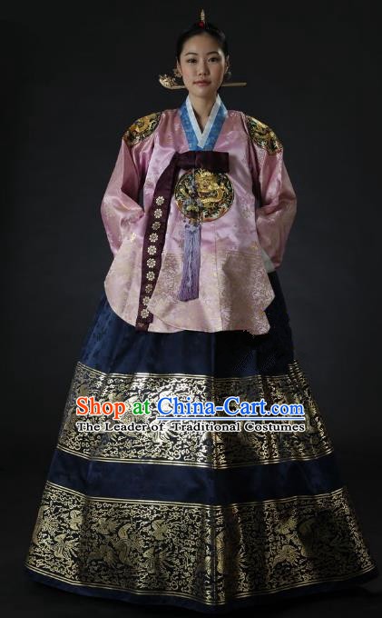 Top Grade Korean Palace Hanbok Traditional Empress Pink Blouse and Navy Dress Fashion Apparel Costumes for Women