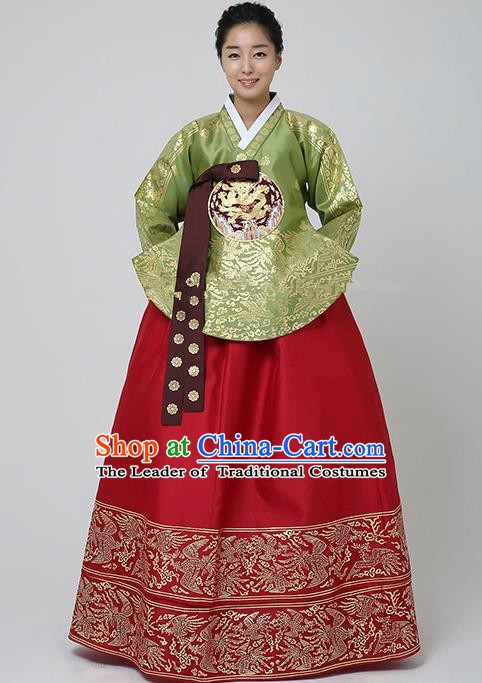 Top Grade Korean Traditional Palace Hanbok Ancient Empress Green Blouse and Red Dress Fashion Apparel Costumes for Women