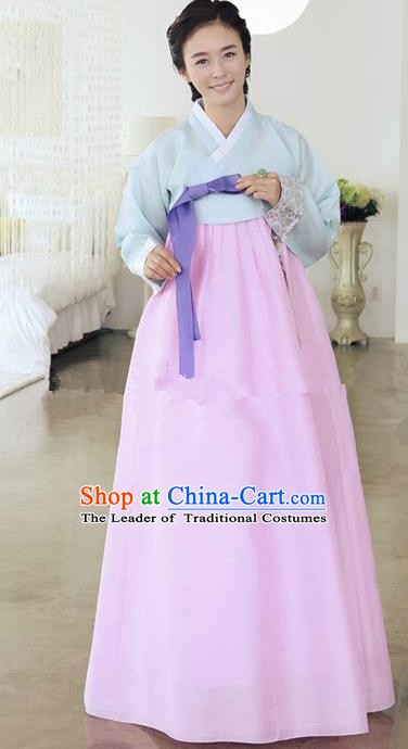 Top Grade Korean Traditional Hanbok Ancient Palace Blue Blouse and Pink Dress Fashion Apparel Costumes for Women
