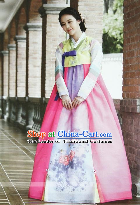 Top Grade Korean Hanbok Ancient Traditional Fashion Apparel Costumes Yellow Blouse and Pink Dress for Women
